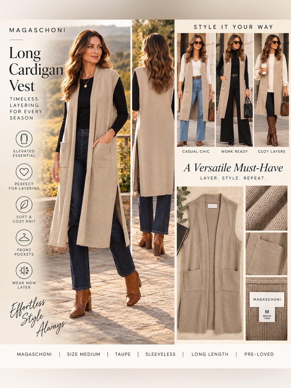 Magaschoni Taupe Long Sleeveless Cardigan Vest Size Medium